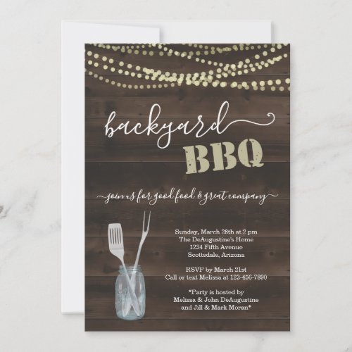 Backyard BBQ Party Invitation - Rustic Wood - BBQ utensils and a mason jar depicting your wonderfully rustic BBQ celebration.