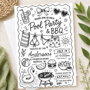 Backyard BBQ Party Summer Hand Drawn doodle Rustic Invitation