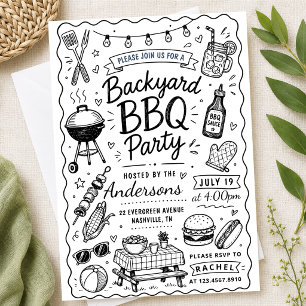 Backyard BBQ Party Summer Hand Drawn doodle Rustic Invitation