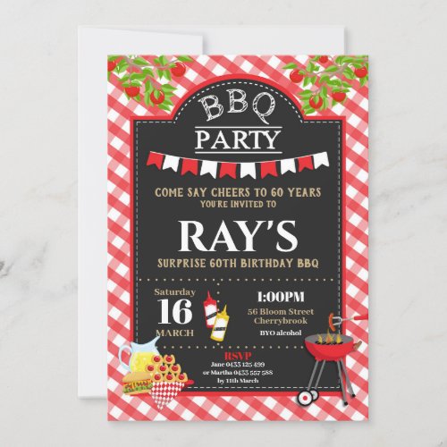 Backyard BBQ Surprise Birthday Party Red Gingham Invitation