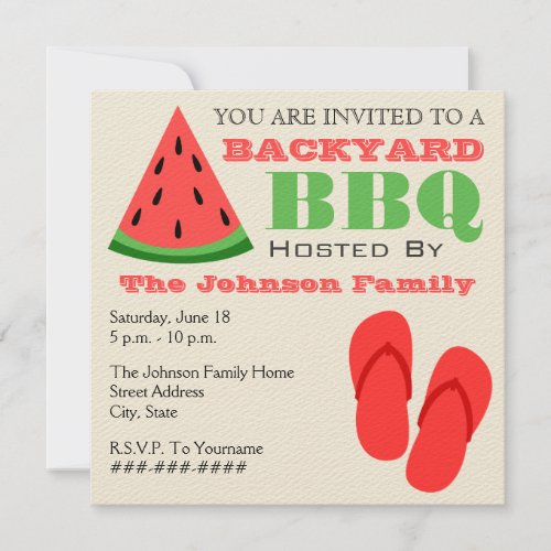 Backyard BBQ Watermelon  Flip Flops Invitation