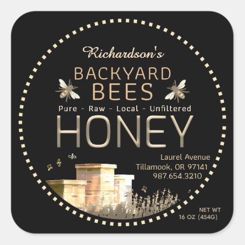 Backyard Bees Hives and Little Bees on Black Squar Square Sticker