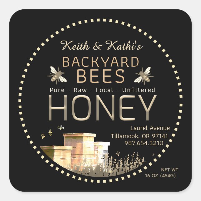 Backyard Bees Hives and Little Bees on Black Square Sticker (Front)