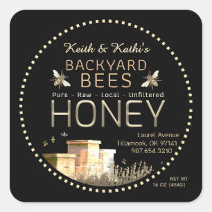Backyard Bees Hives and Little Bees on Black Square Sticker