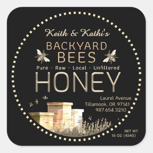 Backyard Bees Hives and Little Bees on Black Square Sticker