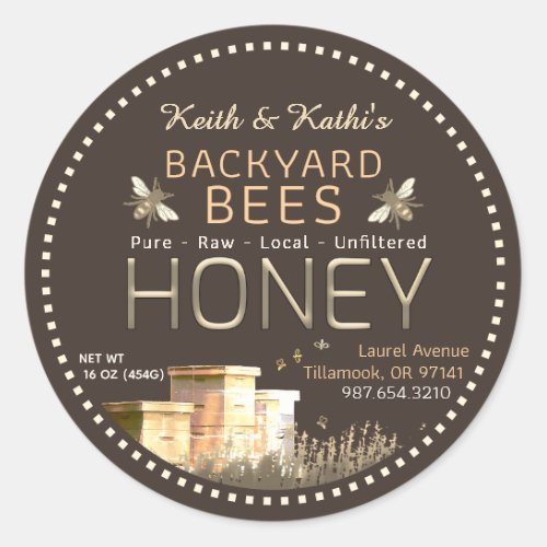 Backyard Bees Hives and Little Bees on Dark Brown  Classic Round Sticker