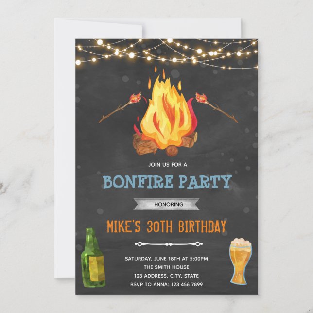Backyard bonfire and brew theme invitation (Front)