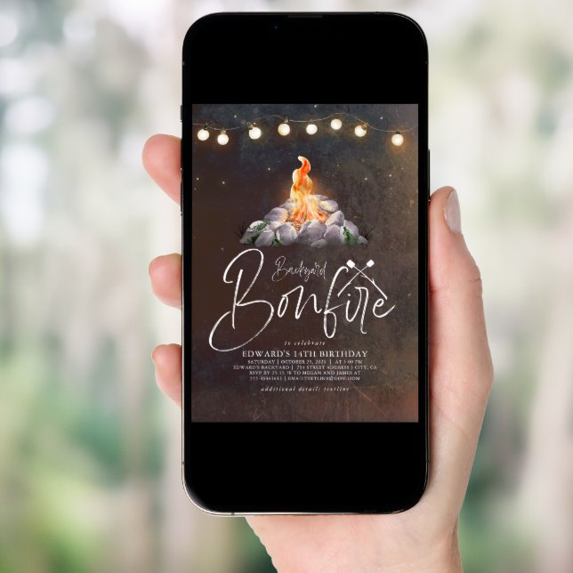 Backyard Bonfire Birthday Party Modern Elegant Inv Invitation (Front Digital)