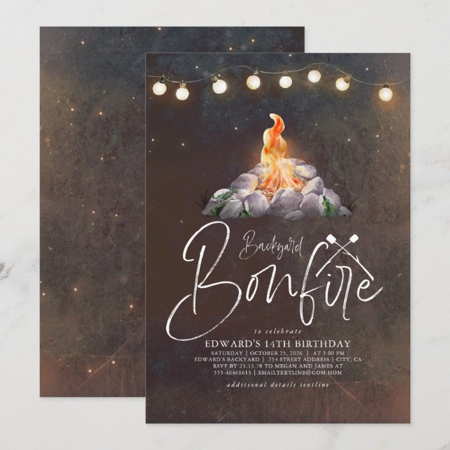 Backyard Bonfire Birthday Party Modern Elegant Inv Invitation (Front/Back)