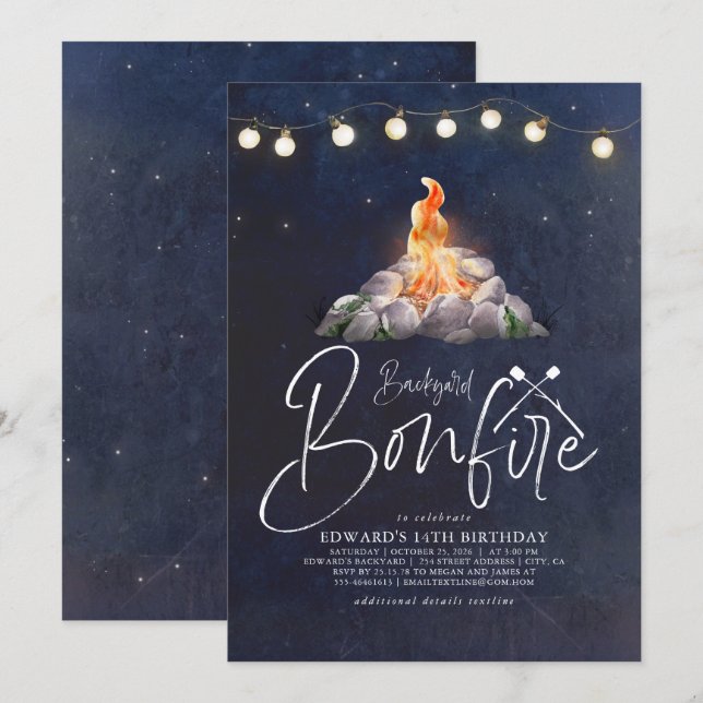 Backyard Bonfire Birthday Party Modern Elegant Invitation (Front/Back)
