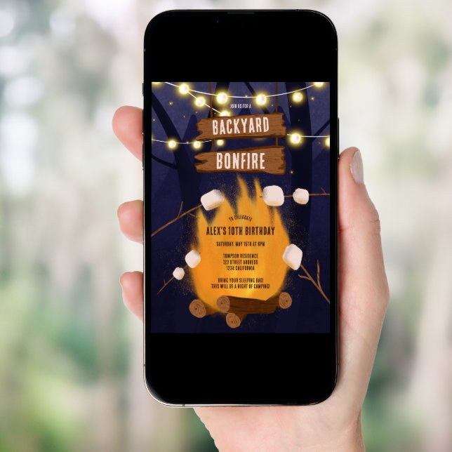 Backyard bonfire camping outdoor birthday party invitation (Front Digital)