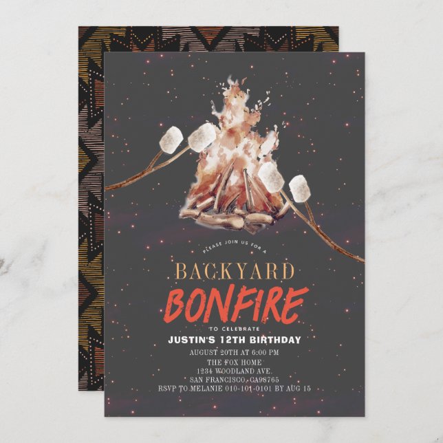 Backyard Bonfire Camping S'mores BBQ Birthday Invitation (Front/Back)