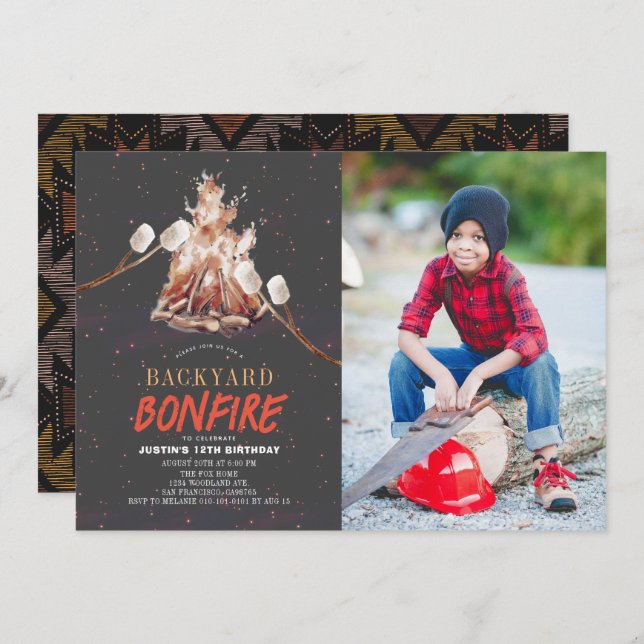 Backyard Bonfire Camping S'mores Birthday Photo Invitation (Front/Back)
