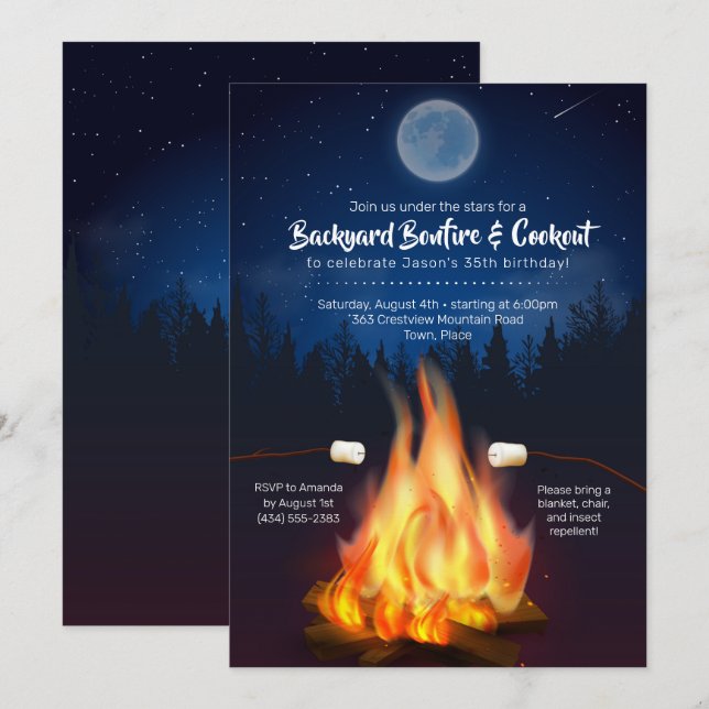 Backyard Bonfire Cookout Birthday BBQ Party Invitation (Front/Back)