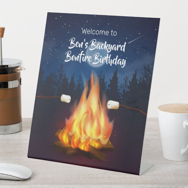 Backyard Bonfire Cookout Birthday Party Pedestal Sign (In SItu)