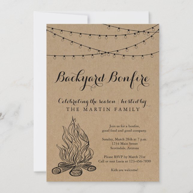 Backyard Bonfire Fall Party | Rustic Kraft Paper Invitation (Front)