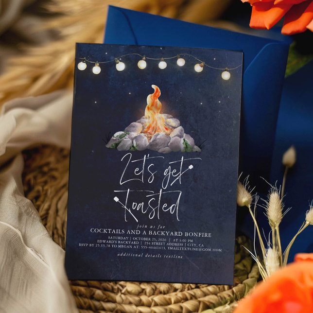 Backyard Bonfire Let's Get Toasted Modern Party Invitation (Let's Get Toasted Bonfire Invitation)