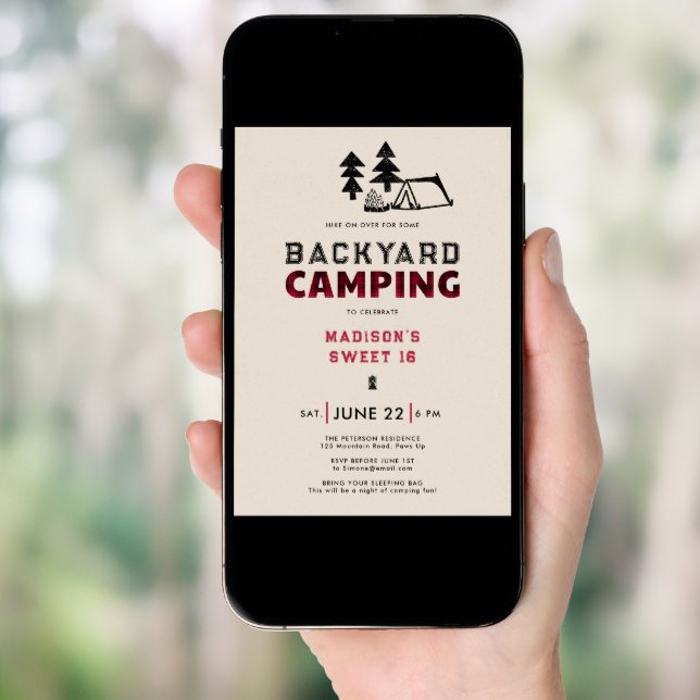 Backyard Camping Outdoor Party Red Plaid Sweet 16 Invitation (Front Digital)