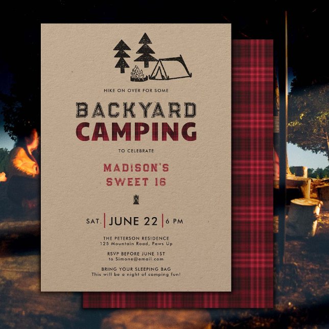 Backyard Camping Outdoor Party Red Plaid Sweet 16 Invitation (backyard camping sweet 16 birthday party invitation outdoor adventure camp fire rustic red plaid)