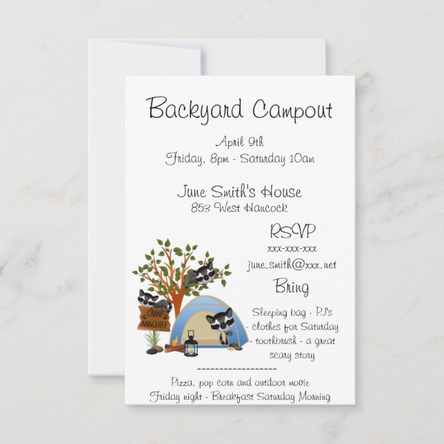 Backyard Campout With Raccoon Invitation (Front)