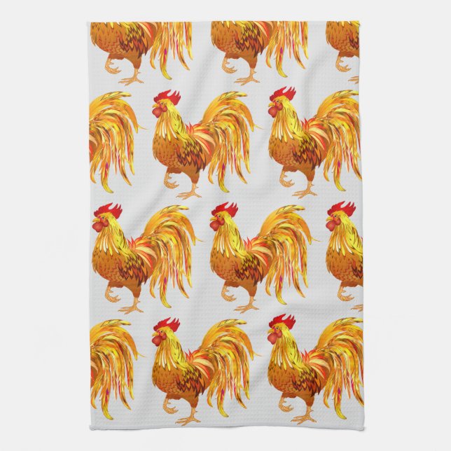 Backyard Chicken Farmer Golden Rooster Pattern Kitchen Towel (Vertical)