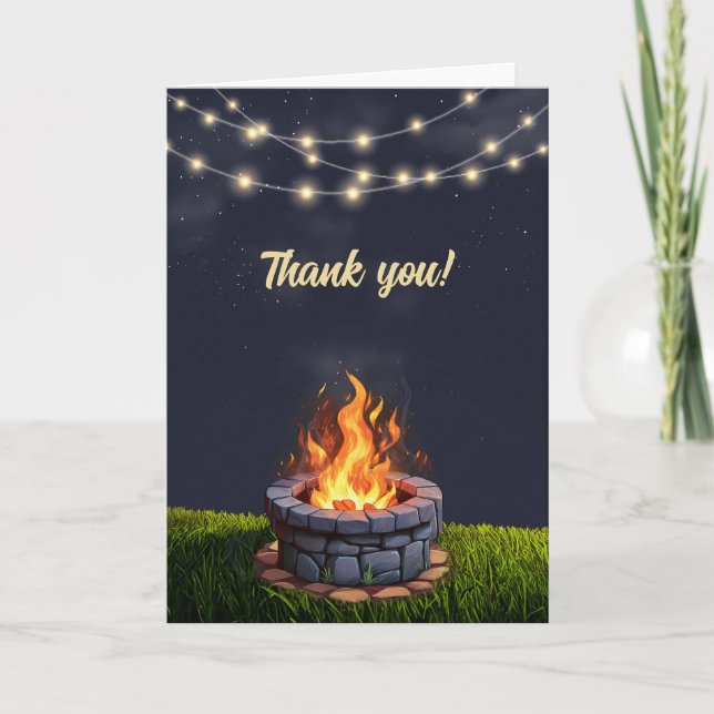 Backyard Fire Pit Bonfire Cookout, Birthday BBQ Letterpress Thank You Card (Front)
