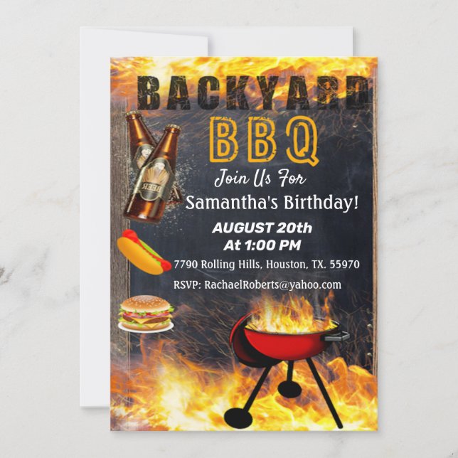 Backyard Flaming BBQ Grill Birthday Invitation