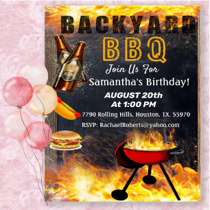 Backyard Flaming BBQ Grill Birthday  Invitation