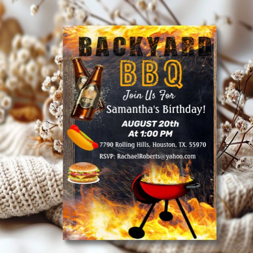 Backyard Flaming BBQ Grill Birthday  Invitation