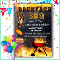 Backyard Flaming BBQ Grill Birthday  Invitation