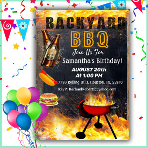 Backyard Flaming BBQ Grill Birthday  Invitation