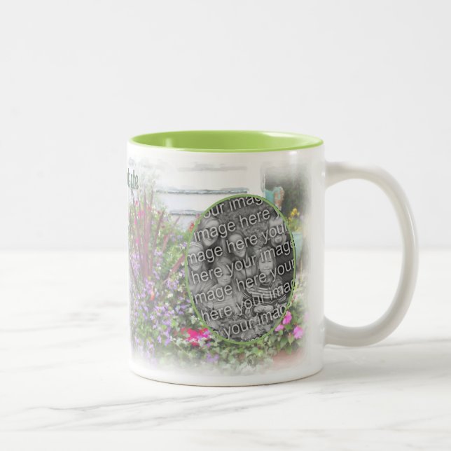 Backyard Flower Garden Painting Add Your Photo Two-Tone Coffee Mug (Right)