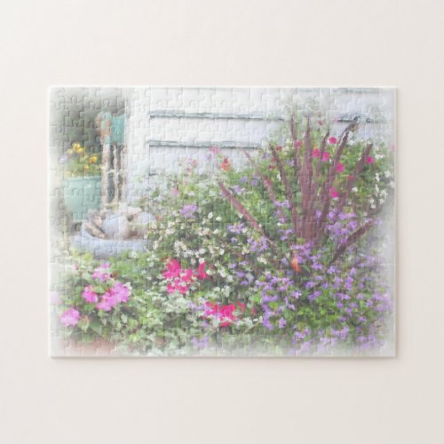 Backyard Flower Garden Watercolor Painting  Jigsaw Puzzle