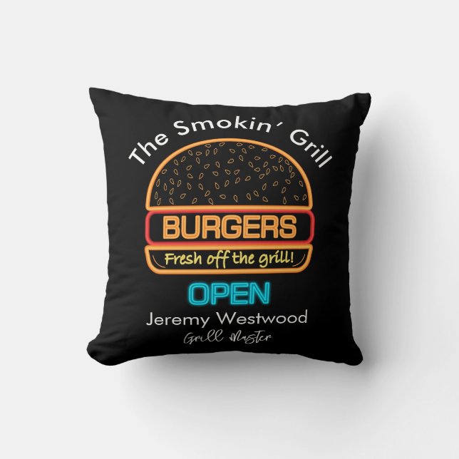 Backyard Grill Master Burgers Sign Throw Pillow (Front)