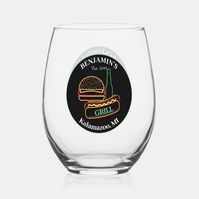  Backyard Grill with Burgers Drinkware Stemless Wine Glass (Front)