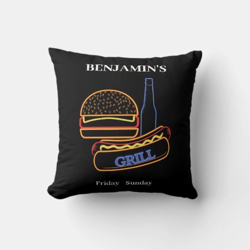  Backyard Grill with Burgers Hot Dogs Beer Throw Pillow
