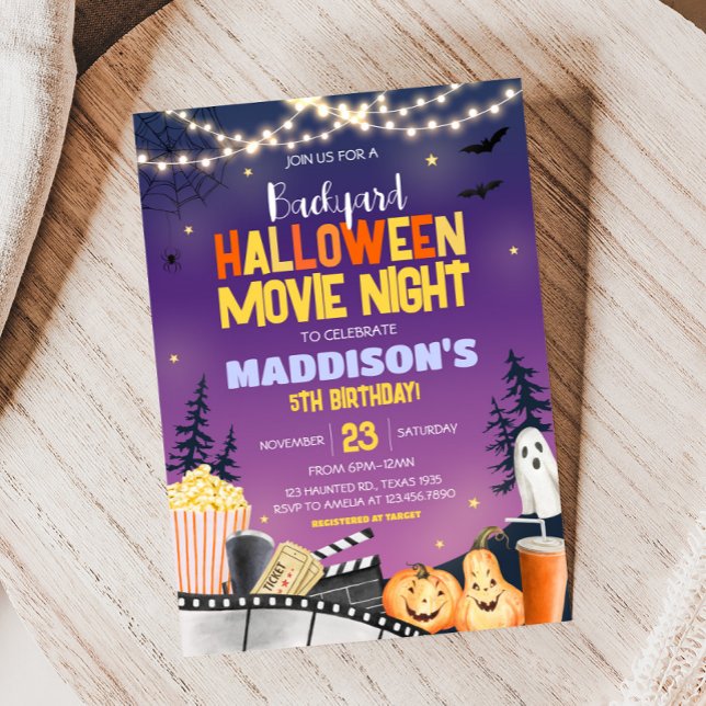 Backyard Halloween Birthday Party Movie Night Invitation (Backyard Cute Halloween Party Movie Night Party Invitation)