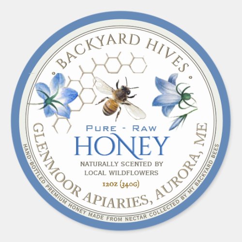 Backyard Hive Raw Local Honey Flowers and Bee      Classic Round Sticker