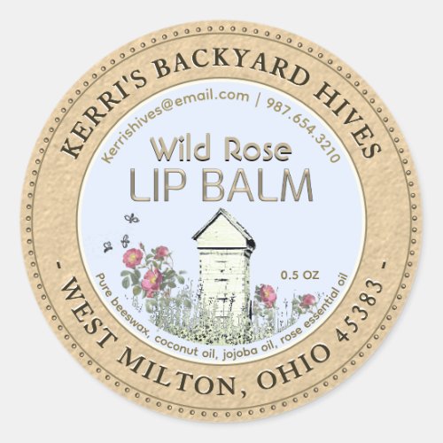 Backyard Hives Beeswax Rose Lip Balm Kraft Mini Classic Round Sticker