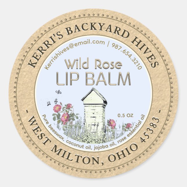 Backyard Hives Beeswax Rose Lip Balm Kraft Mini Classic Round Sticker (Front)