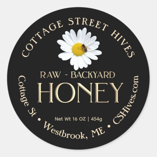 Backyard Hives Honey Daisy and Bee on Black Classic Round Sticker