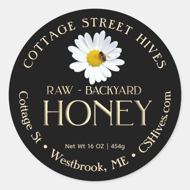 Backyard Hives Honey Daisy and Bee on Black Classic Round Sticker (Front)