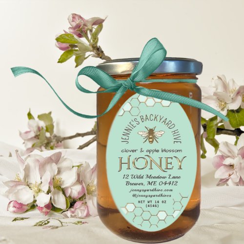 Backyard Honey Bee with Honeycomb Teal Oval Sticker