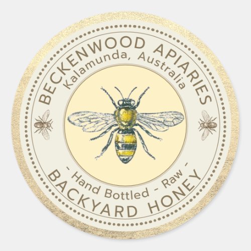 Backyard Honey Hand Bottled Honeybees Gold Rim  Cl Classic Round Sticker