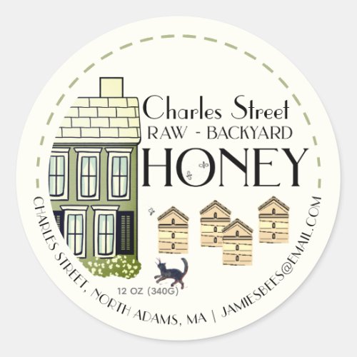 Backyard Honey Hives Ivory with bees and cat Classic Round Sticker