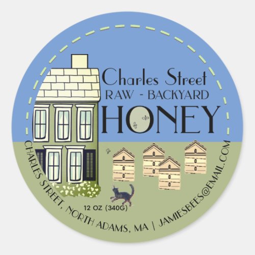 Backyard Honey Hives with bees and cat  Classic Ro Classic Round Sticker