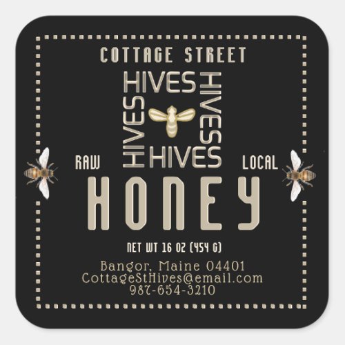 Backyard Local Hives Honey Label Black Bees Square