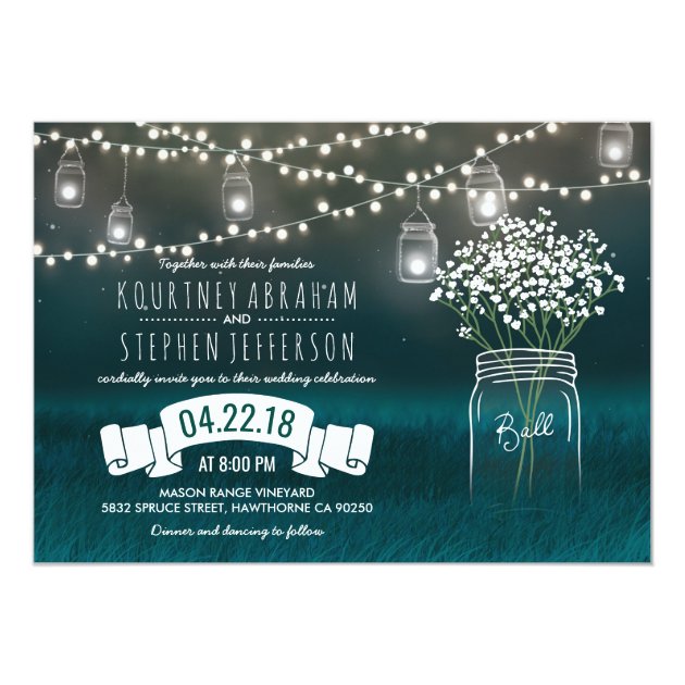 Backyard Mason Jar Babys Breath Wedding | Lights Invitation