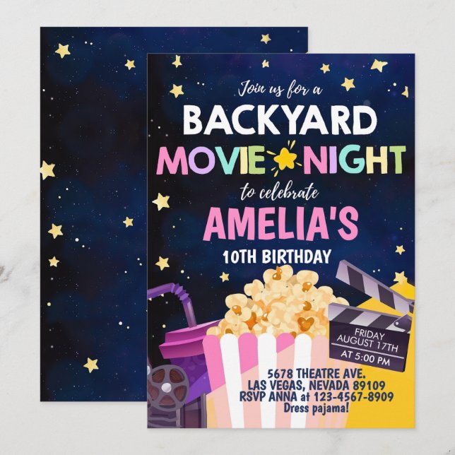 Backyard Movie Night Birthday Invitation Under The (Front/Back)