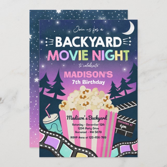 Backyard Movie Night Birthday Movie Under The Star Invitation (Front/Back)